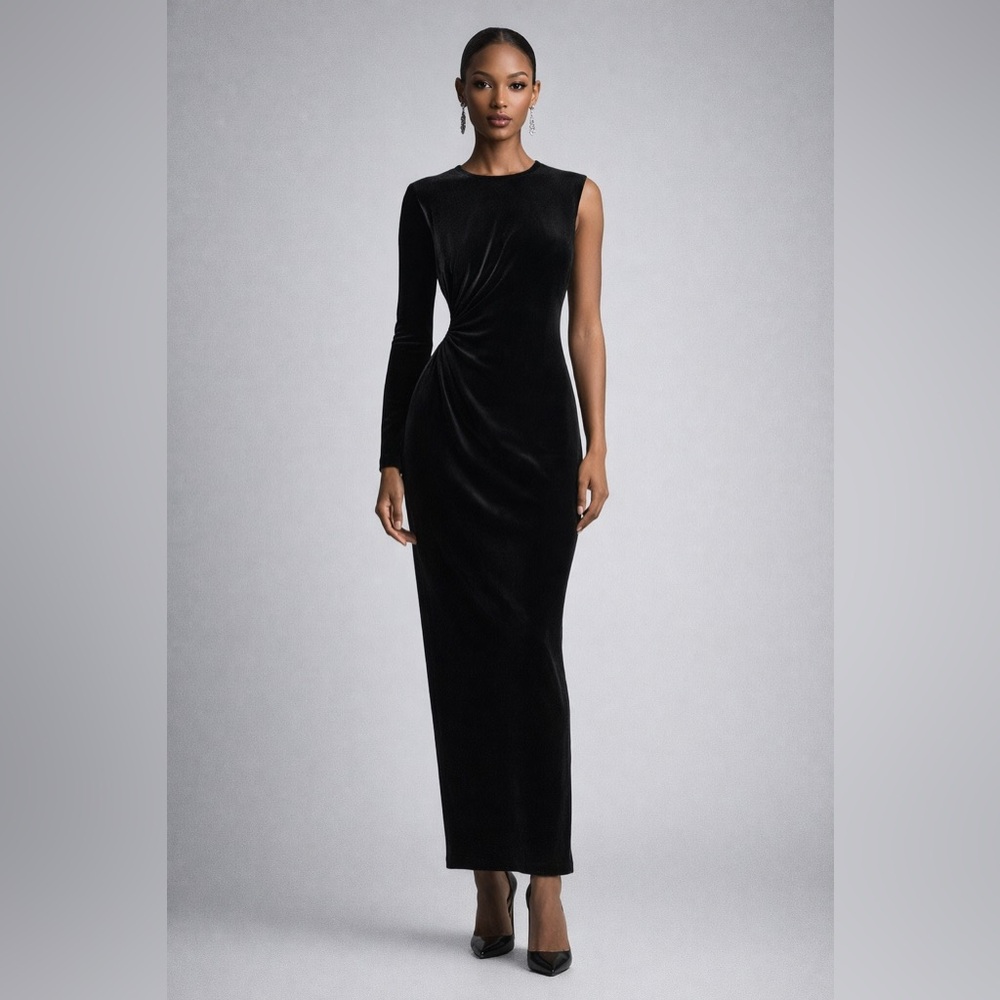 ZARA One Shoulder One Sleeve Evening Dress in Black Velvet with Cutout S / M